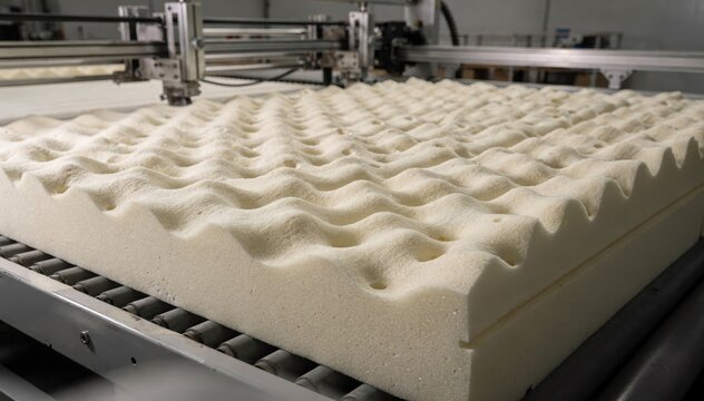 Medium shot capturing the production of convoluted top foam mattress cores highlighting the textured surface being carefully molded for improved ventilation and pressure relief.