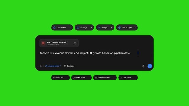 Interactive dark mode enterprise dashboard facilitates real-time financial query input for document analysis and revenue forecasting on a green screen.