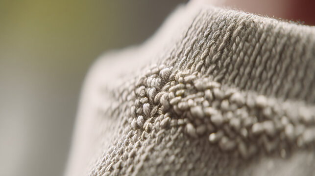 A close-up view of a beige sweater with visible pilling