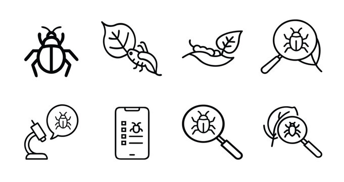 Pest control bug inspection magnifying glass leaf caterpillar microscope analysis and mobile monitoring app & more vector illustration with editable stroke.