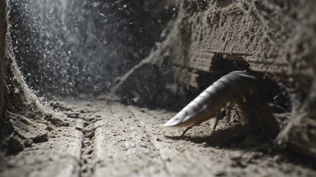 A pale silverfish navigates a dusty, dark, and textured environment, showcasing its intricate details and natural habitat
