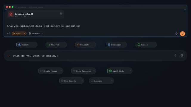 Sophisticated dark mode software interface processes a complex PDF document through a minimalist command-driven dashboard for streamlined enterprise productivity.