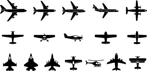 airplane silhouettes set, aviation aircraft icons including passenger jet propeller plane helicopter and military fighter vector isolated on transparent background © Yehor