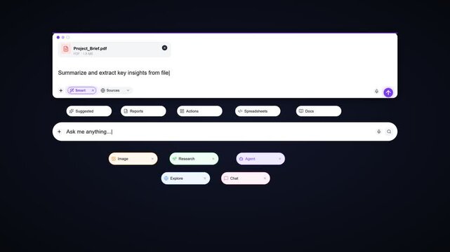 Sleek dark mode software interface facilitates document synthesis by processing a project brief to extract insights for streamlined enterprise data management workflows.