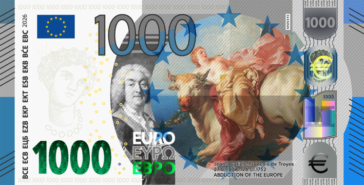 Vector gray blue fictional banknote of European Union, face value of 1000 euros. Pixelated painting of abduction of Europa by Jean Baptiste Francois de Troyes. New bill of one thousand euro. 2026