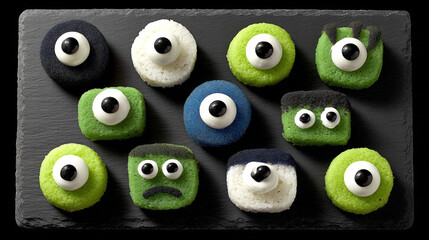 Fototapeta premium A collection of round and square monster-shaped cookies are arranged on a dark surface.
