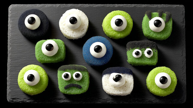 A collection of round and square monster-shaped cookies are arranged on a dark surface.