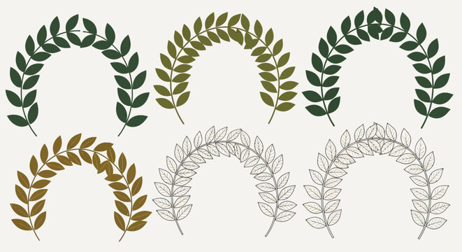 Various leaf designs arranged in a semicircle shape on a neutral background illustration