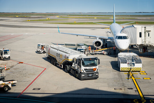 Venice, Italy - 08the April 2026: A truck carrying aviation fuel is seen on the tarmac at airport. After the crisis of the Strait of Hormuz, airports put limitations on jet fuel.