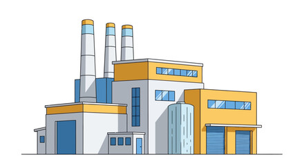 Naklejka premium Illustrated factory graphic with smokestacks representing industrial production and manufacturing