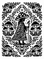 Naklejka premium Mushroom Girl with Bird Staff and Botanical Mushroom Border