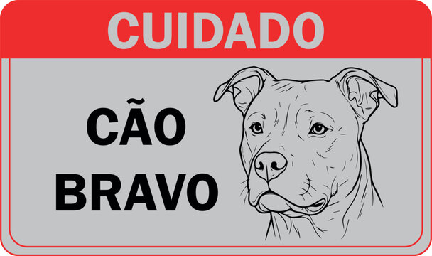 Placa Aviso C&atilde;o Bravo Cinza e Vermelho com &Iacute;cones Pretos Horizontal