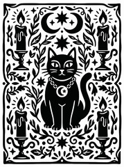 Fototapeta premium Witchy Black Cat with Crescent Moon and Symmetrical Candles