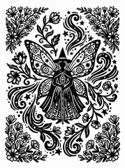 Naklejka premium Ornate Fairy Witch Silhouette with Large Patterned Wings
