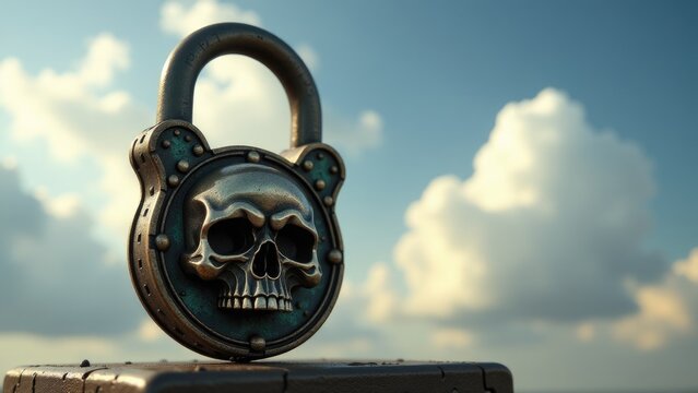 A close-up of a metal padlock featuring a skull design