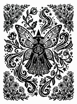 Ornate Fairy Witch Silhouette with Large Patterned Wings