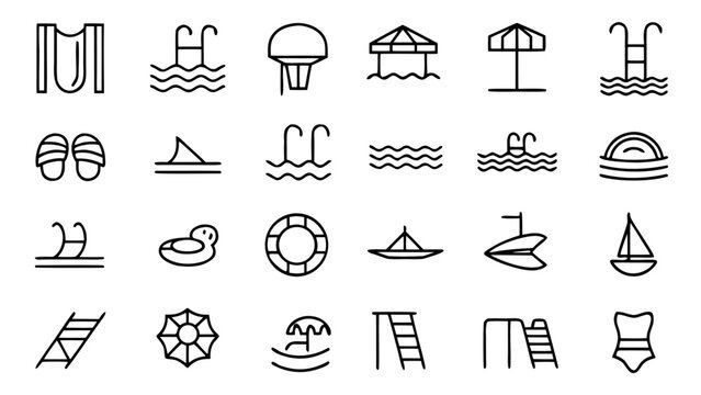 A comprehensive collection of forty-five minimalist outline icons featuring various water park slides and inflatable tubes organized in a grid.