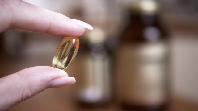 A fish oil capsule is held up between two fingers with supplement bottles blurred in the background.