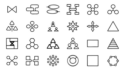 Fototapeta premium Twenty-four white line icons for organizational charts and management flow diagrams are presented in a grid pattern on a black background.