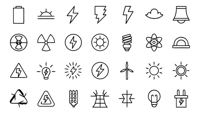 Sixty energy and electrical line icons are presented with minimalist white outlines on a uniform black background designed for technical interfaces.