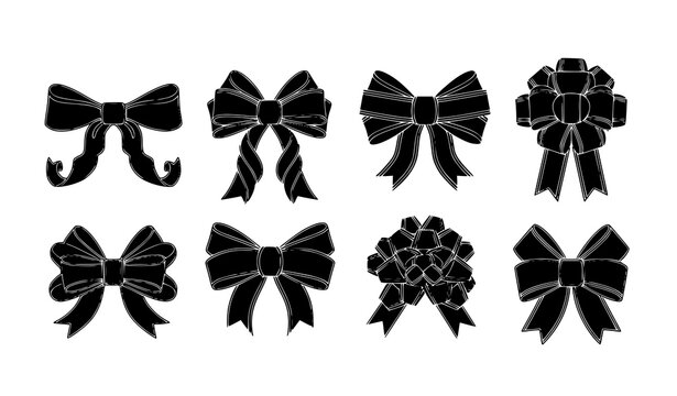 Black ribbon bow vector set with white outline decorative gift bows elegant packaging and craft design elements