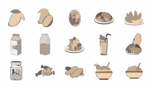 Mango fruit outline icons set with slices cubes juice milkshake candy and tropical food line illustration