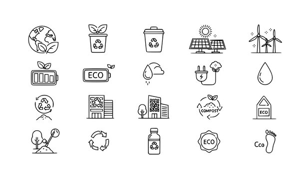 Environmental outline icons set with recycling solar wind energy eco lifestyle and sustainability symbols vector