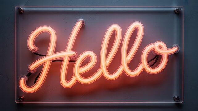 Warm glowing orange neon Hello sign in script font mounted on a clear acrylic panel