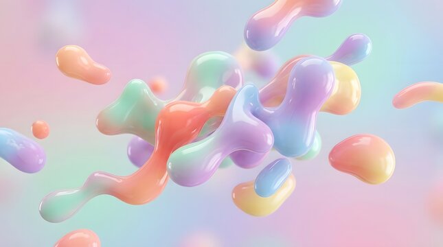 Abstract 3D soft blobs floating, pastel gradient colors, glossy material, modern AI aesthetic, minimal background