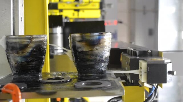 Wire-cut electrical discharge machine. Operation of wire-EDM machine cutting metal parts. Electrical discharge machine EDM cutting metal workpiece. Cutting process by wire cut machine. Vertical