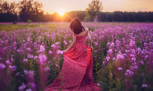 Spring and summer season concept. Young woman wearing long pink dress walking through blooming lavender flower field in glare of sun. 