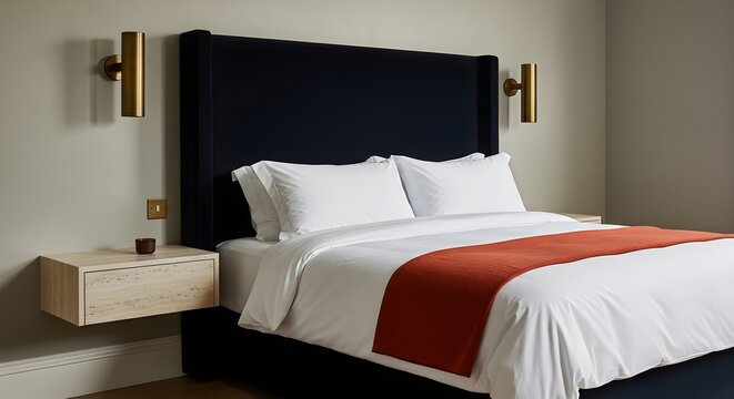 Modern bedroom with a large dark headboard, white linens, red bed runner, and sleek wall-mounted.