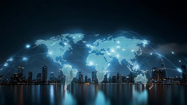 A futuristic city skyline illuminated at night with a digital world map overlay, connected by glowing network lines. 
