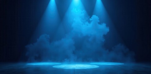 Obraz premium Dark stage, blue spotlight, smoke, dramatic lighting, show, background, stage