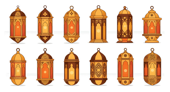 Traditional Arabic lanterns set, 12 golden Ramadan fanous icons with intricate patterns, Islamic decorative lamp vector collection for Eid Mubarak isolated PNG with Transparent Background