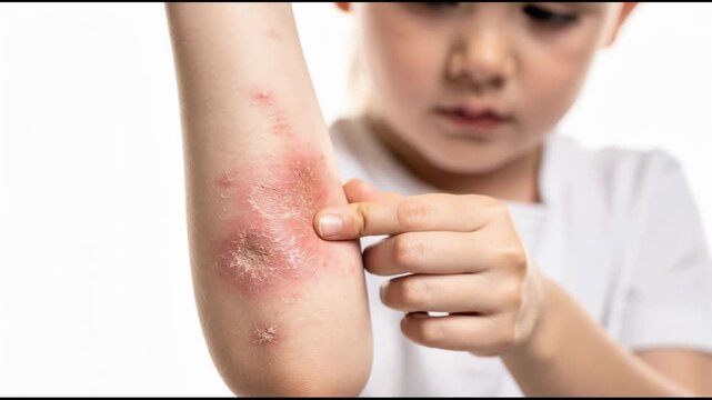Close up of child scratching red irritated dry skin rash on elbow showing eczema symptoms
