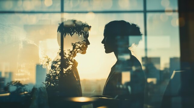 Intimate Encounter: Silhouette of a Couple with Urban Landscape Reflection