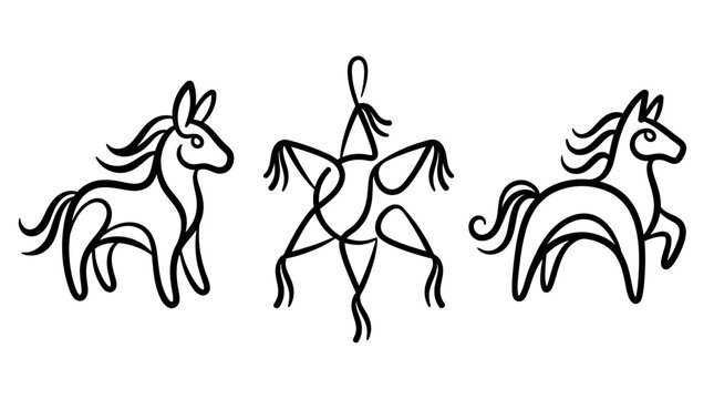 Black and White Line Art of Horses and a Star-Shaped Pi?ata.