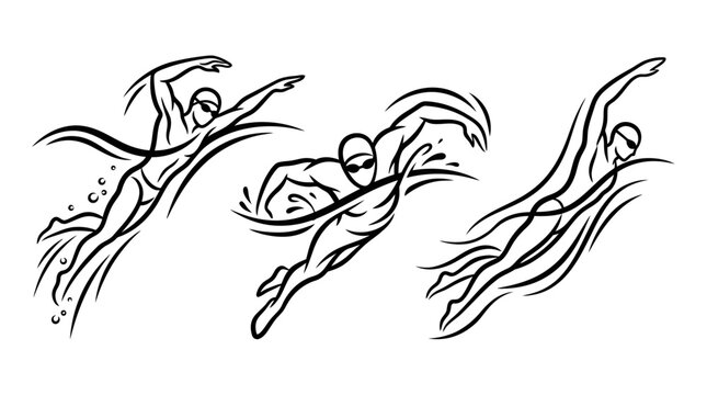 Artistic Illustrations of Swimmers in Motion, Freestyle Stroke, Water Sports.
