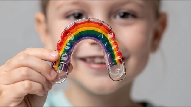 Smiling child holding colorful rainbow dental retainer for teeth alignment and orthodontic care