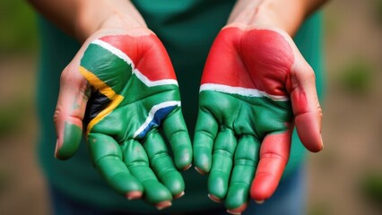 Obraz premium A person's hands painted with the South African flag, ideal for patriotic or cultural-themed projects