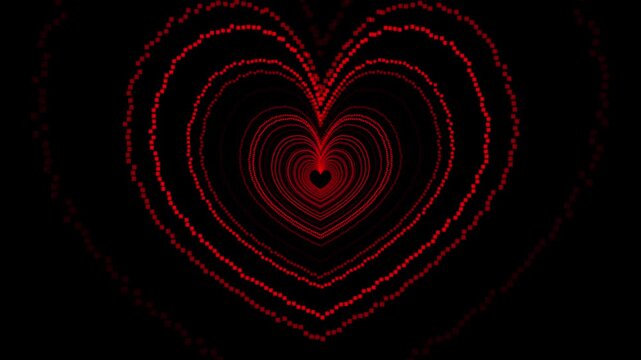 Premium 4K animation featuring a starry glitter heart-shaped particle tunnel in red. Seamlessly looping motion graphics ideal for Valentine's Day, wedding backgrounds, and romantic social media conten