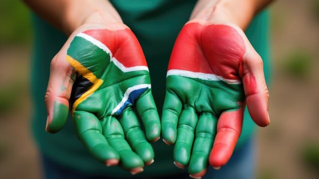 A person's hands painted with the South African flag, ideal for patriotic or cultural-themed projects