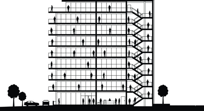 Architectural cross section vector illustration of a modern office building featuring black silhouette figures of employees working on different floors and walking on stairs.