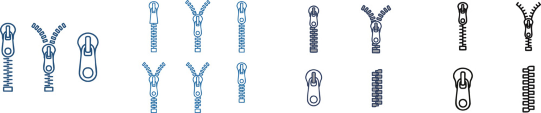 Zipper icons collection. Vector graphic stroke. EPS 10. Isolated on white
