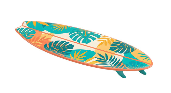 Surfboard with tropical monstera leaf pattern isolated on transparent background