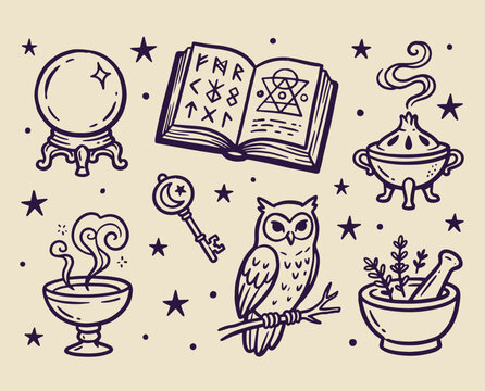 Vintage mystical illustration featuring crystal ball open book owl and magical objects in enchanting atmosphere