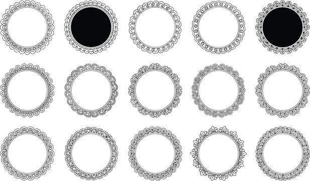 Collection of ornate circular lace frames and vintage decorative borders with intricate floral patterns and scalloped edges isolated on white background for wedding invitations and stationery.