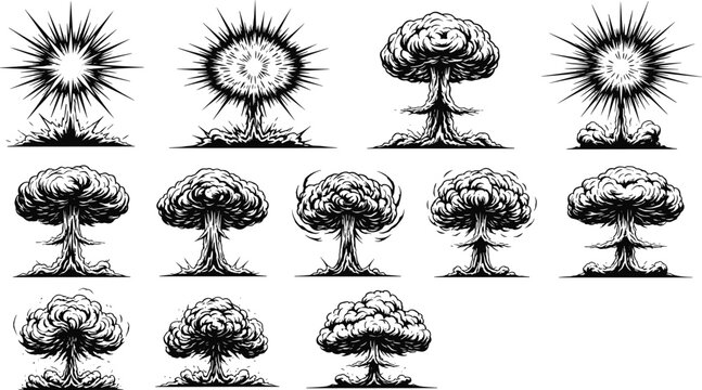 Hand drawn vector line art collection of various mushroom cloud explosions and nuclear blast silhouettes isolated on white background for war disaster and destructive power designs.