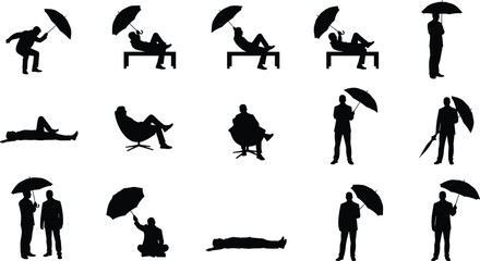Vector silhouette set of men in various poses including sitting on benches lying down and standing while holding umbrellas isolated on white background © MdRasel